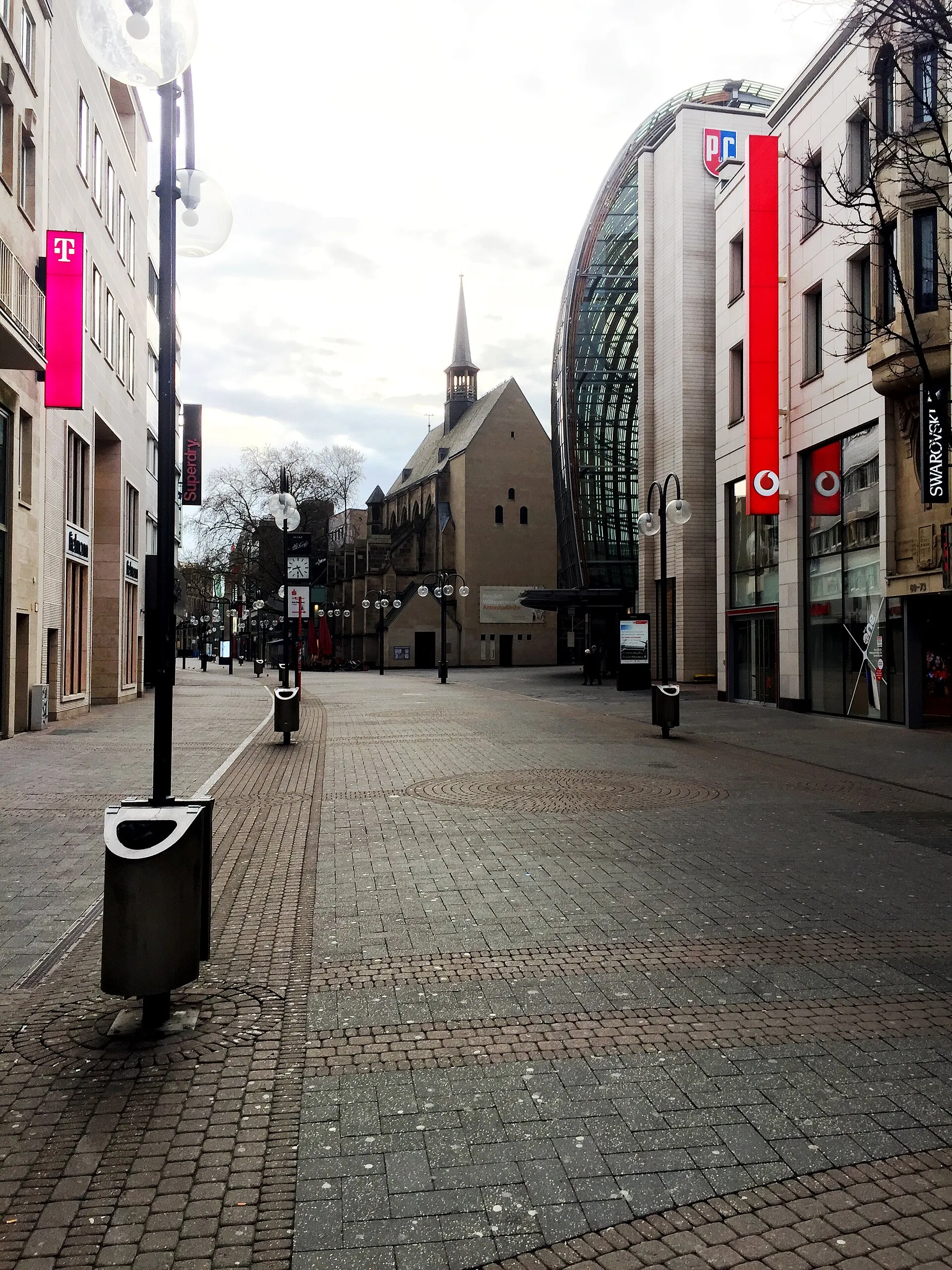 The unpopulated Schildergasse in Cologne on a Sunday morning.