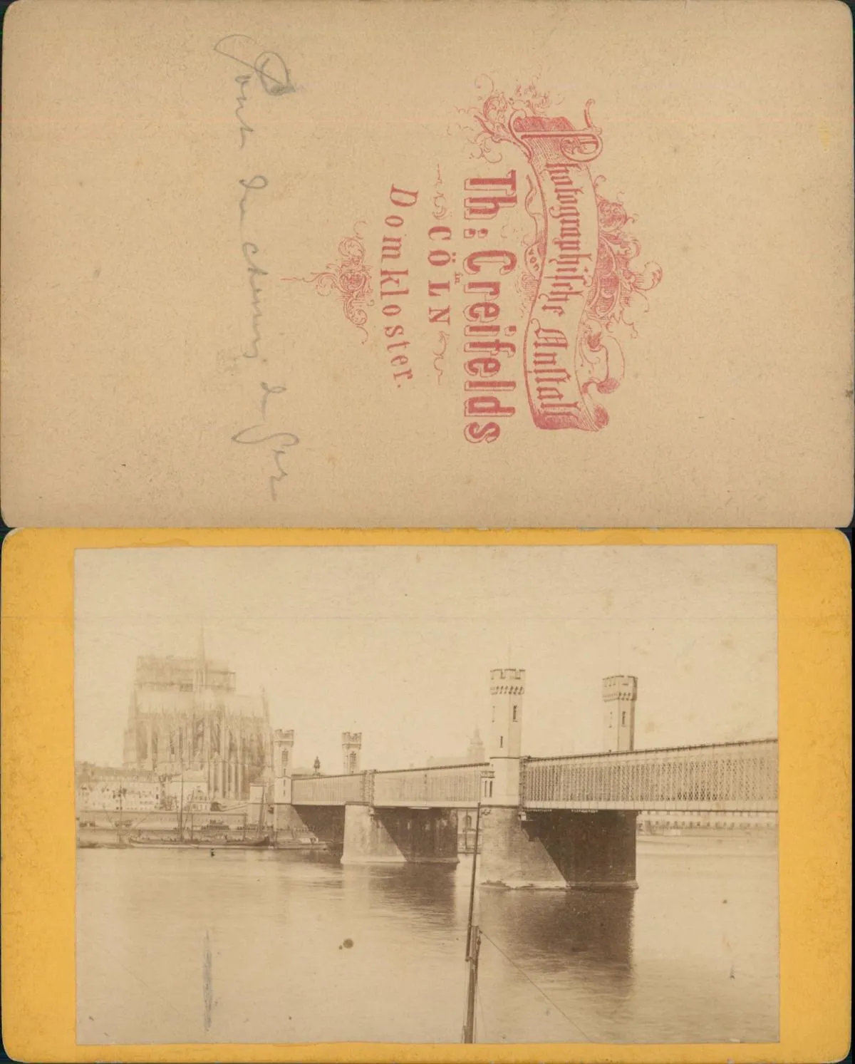 Cologne, Germany, Dombrücke with cathedral in the background. Photo by Theodor Johann Hubertus Creifelds, born 1839 in Coblenz, died 1902 in Cologne, albumen pr