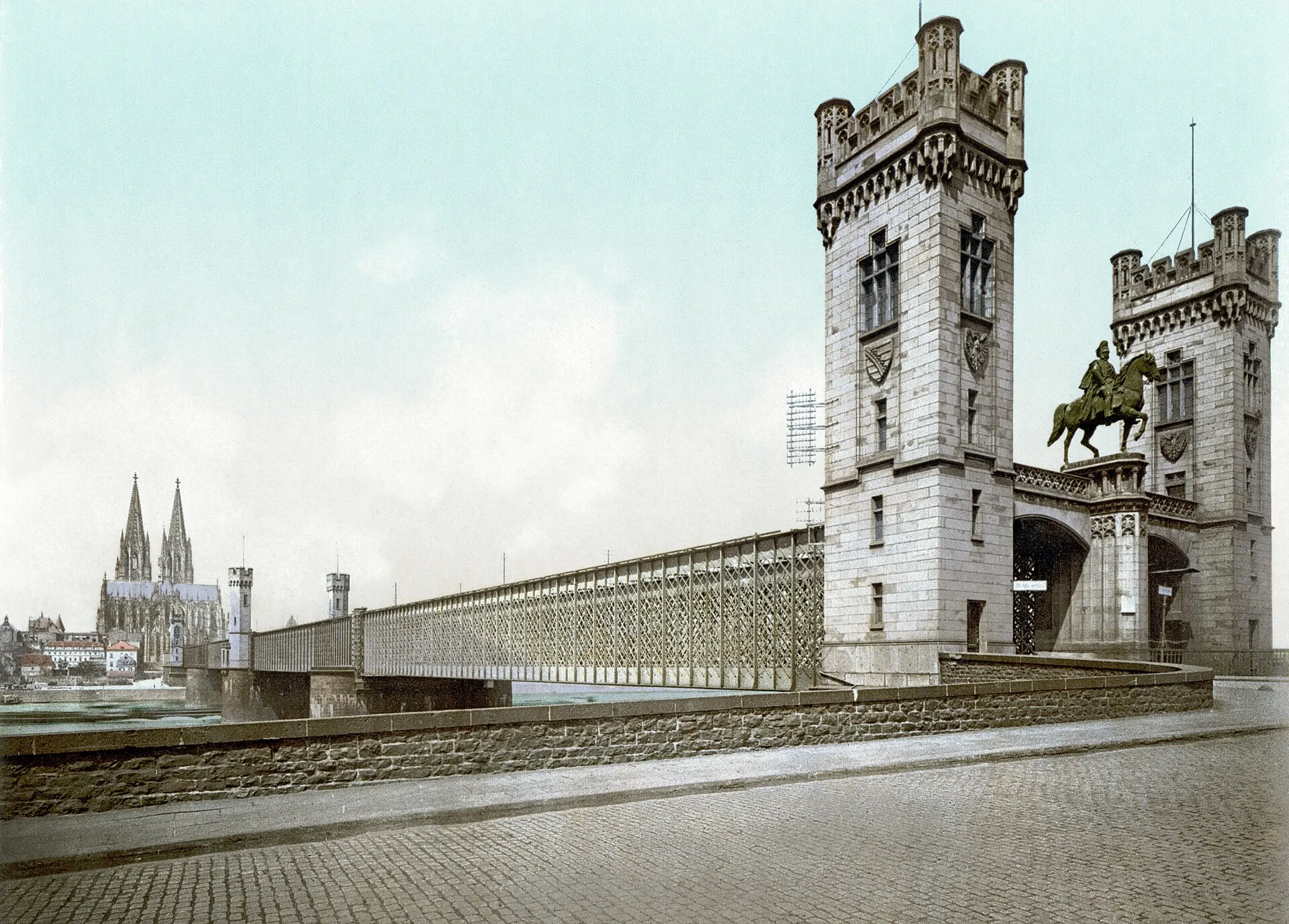 Old railway bridge in Cologne. Equestrian statue of Friedrich Wilhelm IV of Prussia by Gustav Blaeser