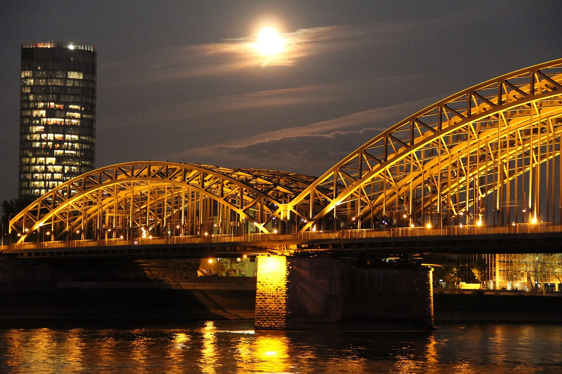 Hohenzollern Bridge Cologne by night with full moon