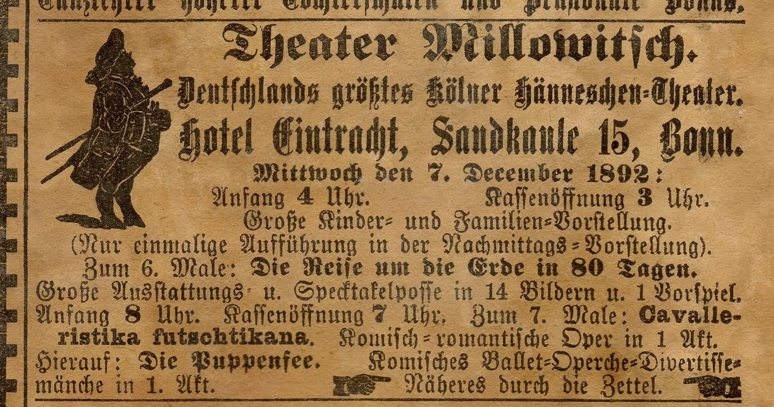 Zeitungsannonce des Millowitsch-Theaters von 1892
