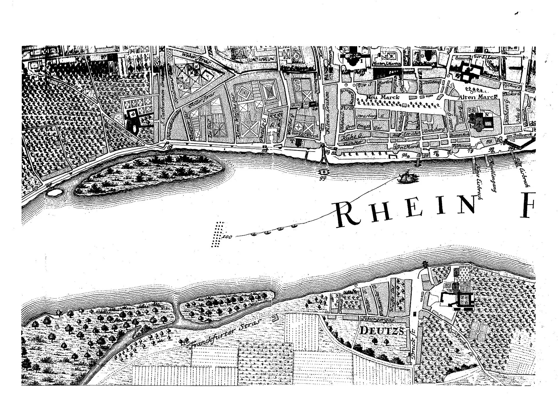 Plan der Stadt Köln von 1752 . Ausschnitt des Bereichs des heutigen Deutzer Hafens und des Rheinauhafens.