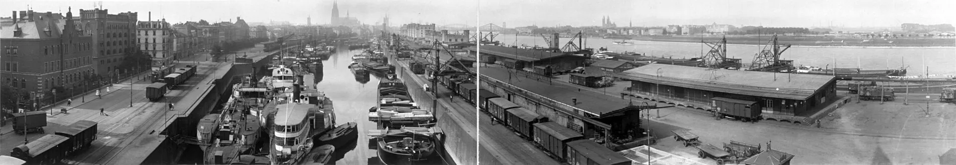 View of the Rheinau Harbour, Cologne (Germany), circa 1921.