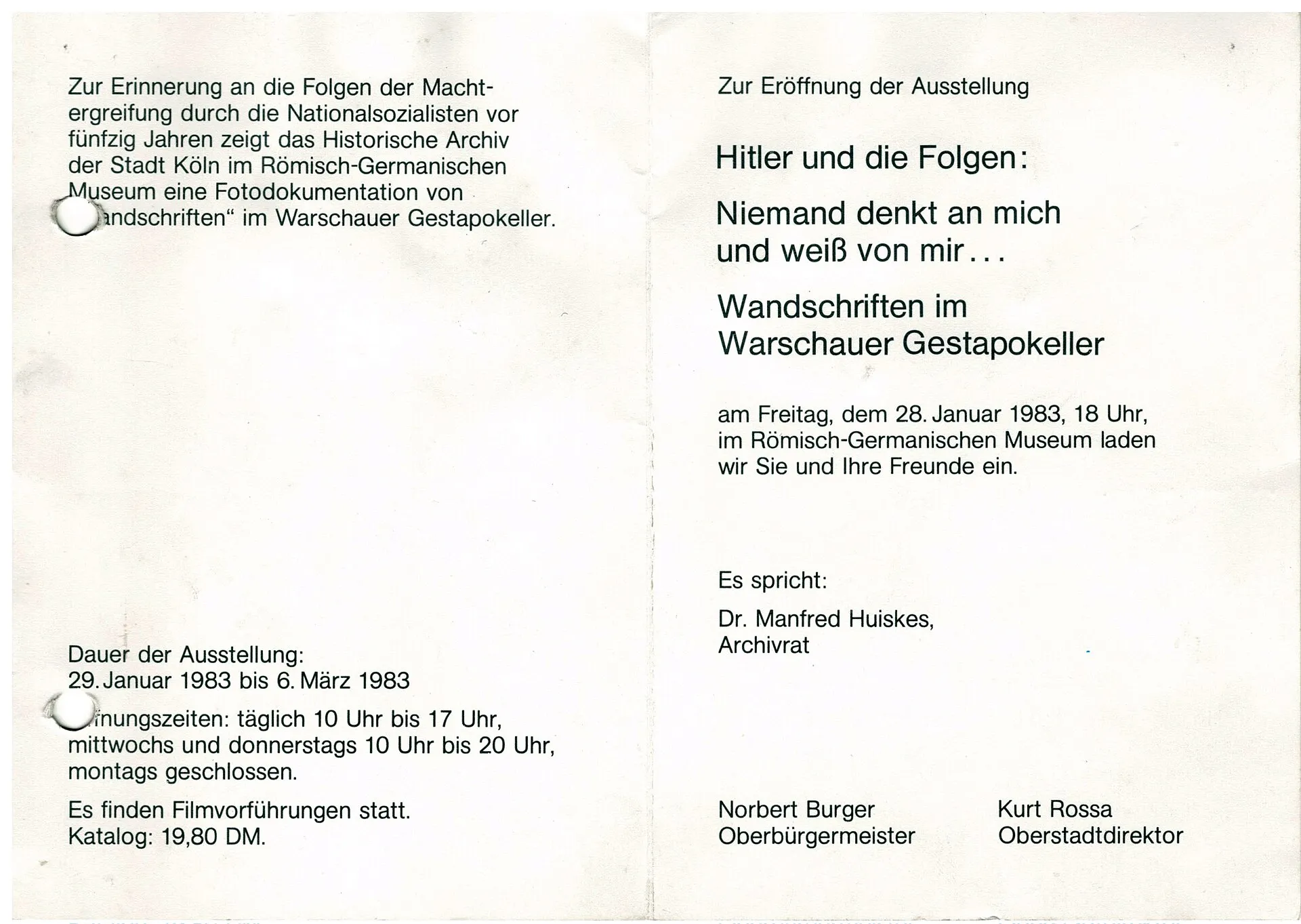 Einladung zur Ausstellungseröffnung am 28.01.1983, Köln, Römisch germanisches Museum.