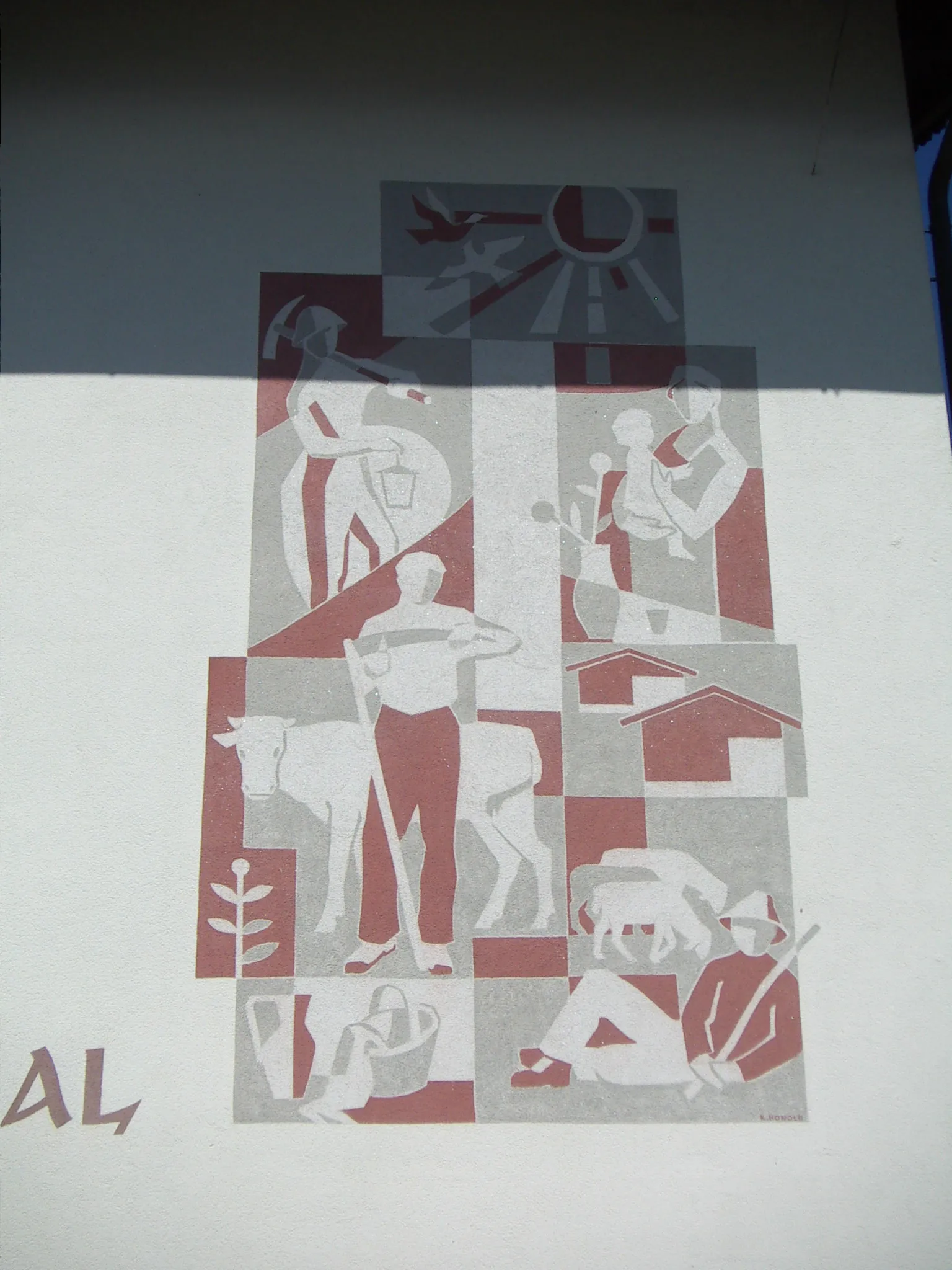 Sgraffiti von Konrad Honold (1918 - 2007) in 6780 Bartholomäberg, Gemeindesaal